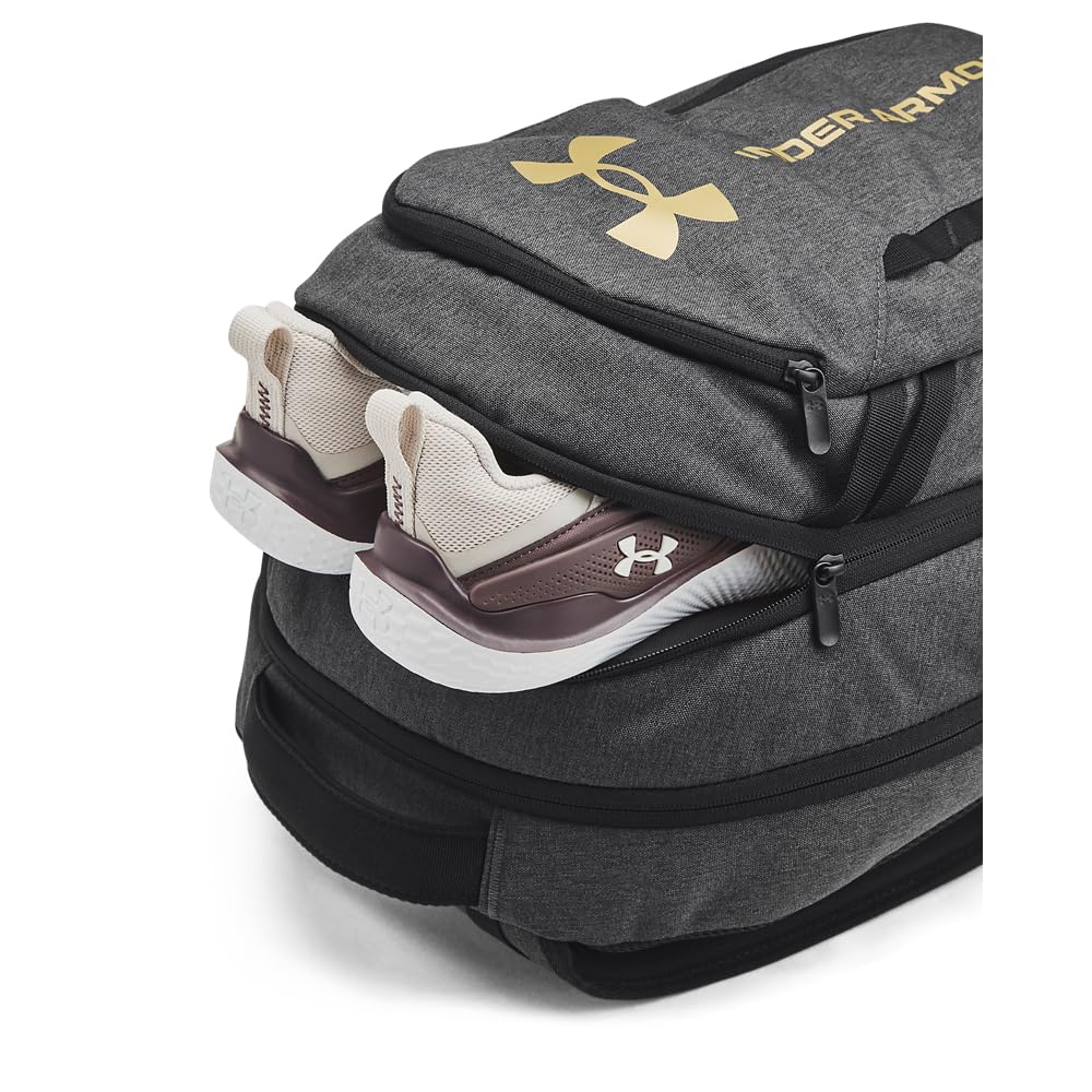 Under Armour Unisex-Adult Hustle 6.0 Backpack, (005) Black Full Heather/Black/Metallic Gold, One Size Fits Most