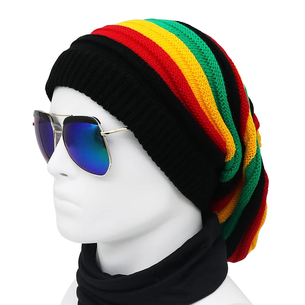 Unisex Jamaica Reggae Cap Rasta Slinky Beanie Multi-Colour Striped Slouchy Baggie Beanie Skullies Gorro Rasta Hat