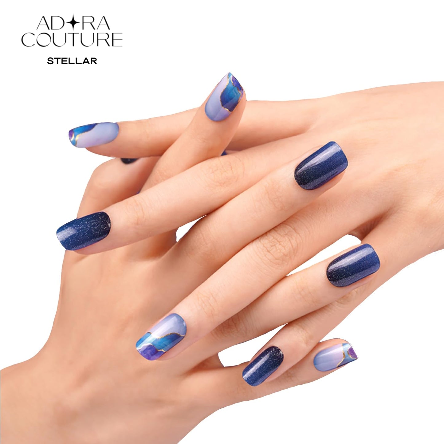 Adora Couture Semi Cured Gel Nail Strips with 30 Pieces, Salon Quality Nail Wraps for Women, Glossy Blue Purple Pattern with Glitter UV Gel Nail Stickers, UV Light Required, Stellar