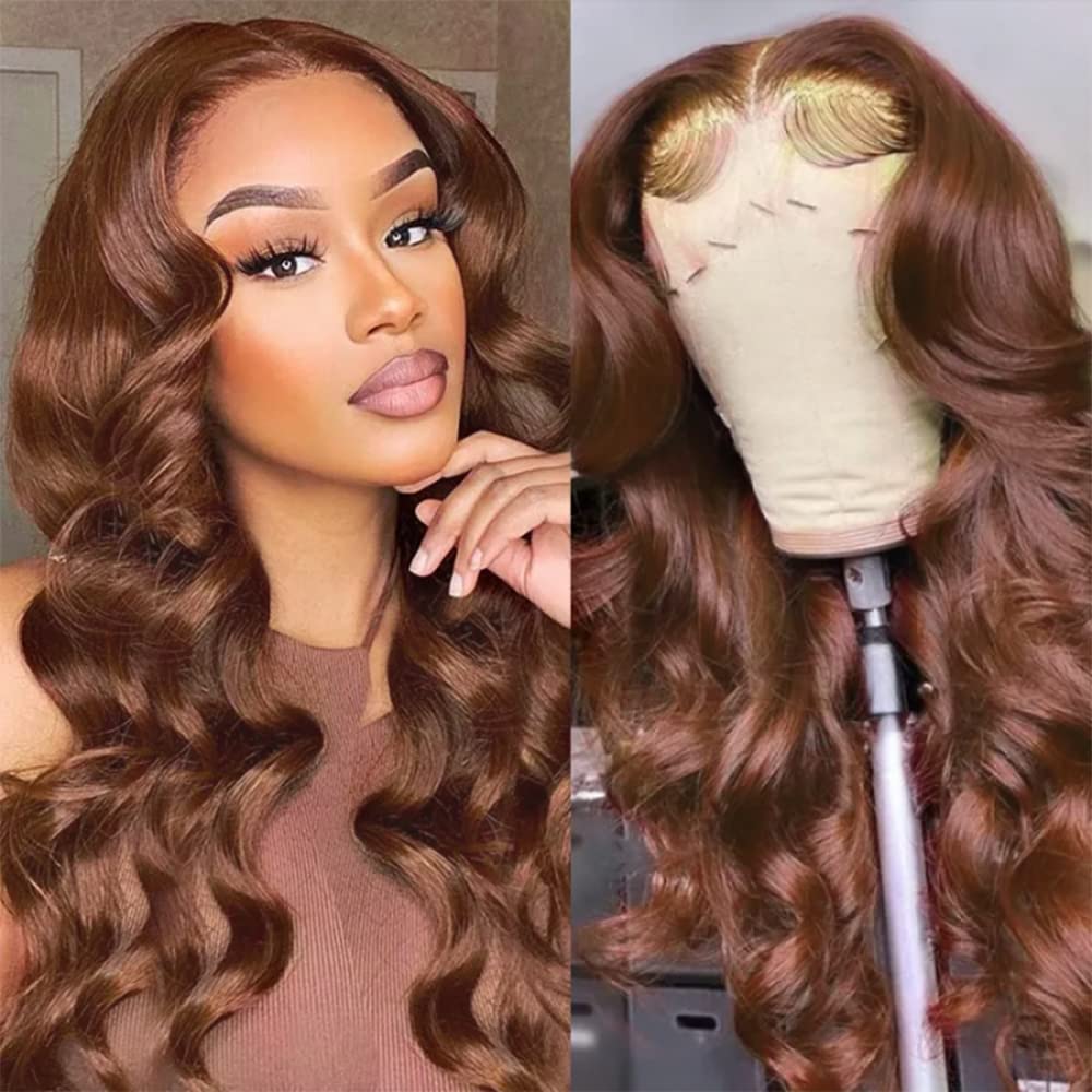 200% Density 13x4 Auburn Brown Body Wave Lace FrontWigs Chestnut Brown Colored Human HairWigs For WomenHD Transparent Lace FrontWig Human Hairwith Baby Hair(28 Inch,13x4 BrownLace Front Wig HumanHair)