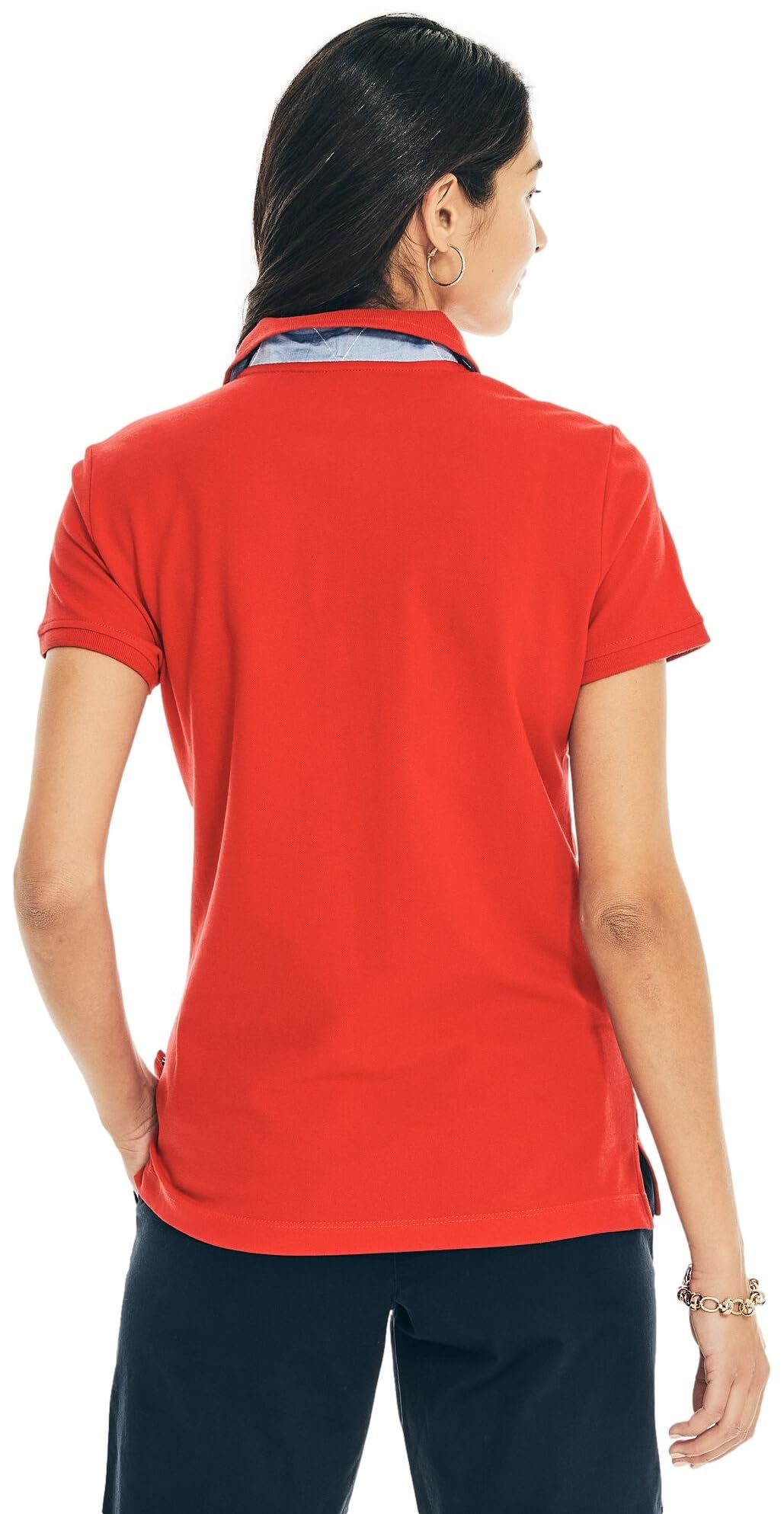 Nautica Women's 5-Button Classic fit Short Sleeve Polo Shirt, BrightRed, L