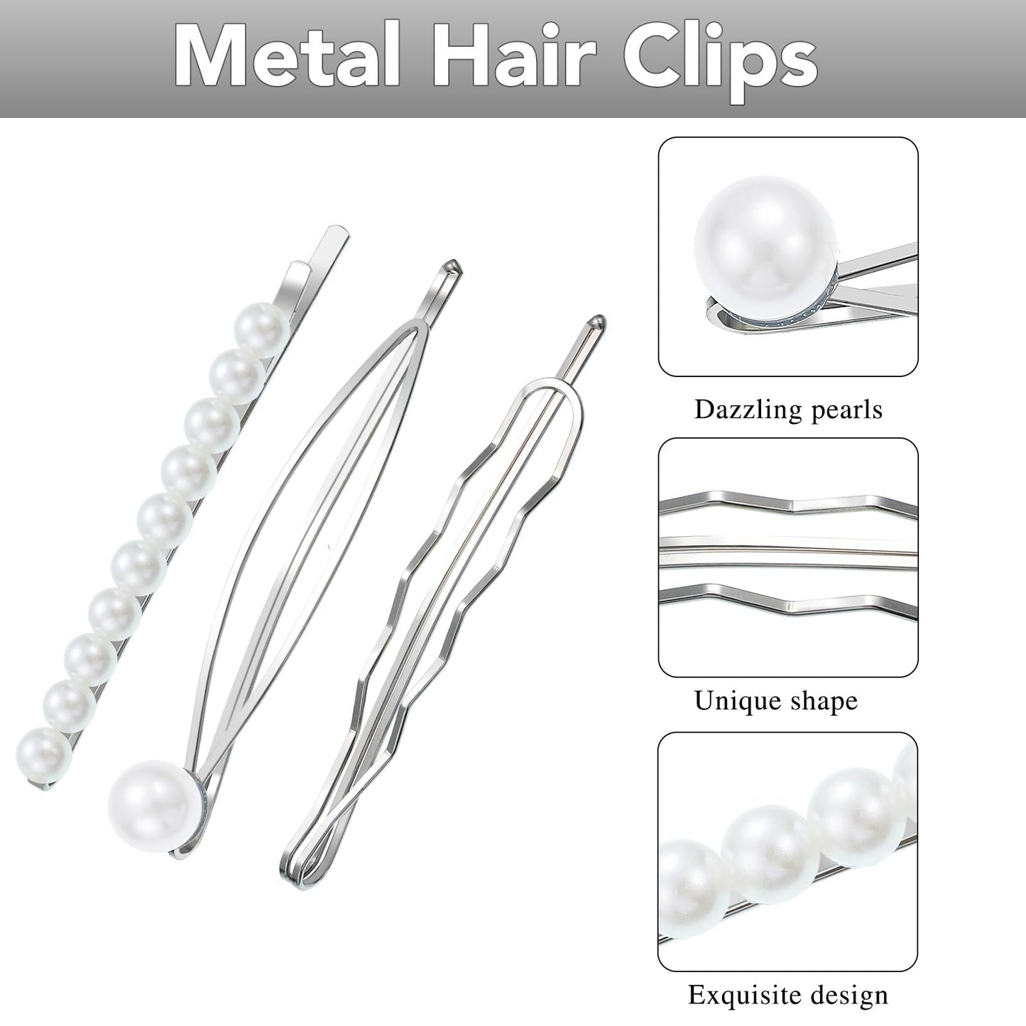 16 Pieces Geometric Metal Hair Pins, Silver Hair Pins Pearls Hair Clips Hair Barrettes Metal Bobby Pins for Woman Girls