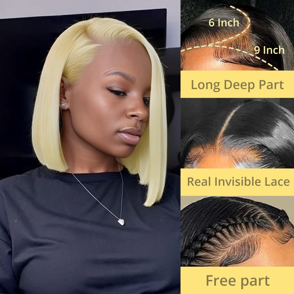 GUDOZO 9x6 HD 613 Lace Front Wig Human Hair Glueless Wigs Human Hair Pre Plucked Pre Cut Bob Wig Human Hair Glueless Wigs Human Hair 200% Density Short Straight Bob Wigs for Black Women 12 Inch