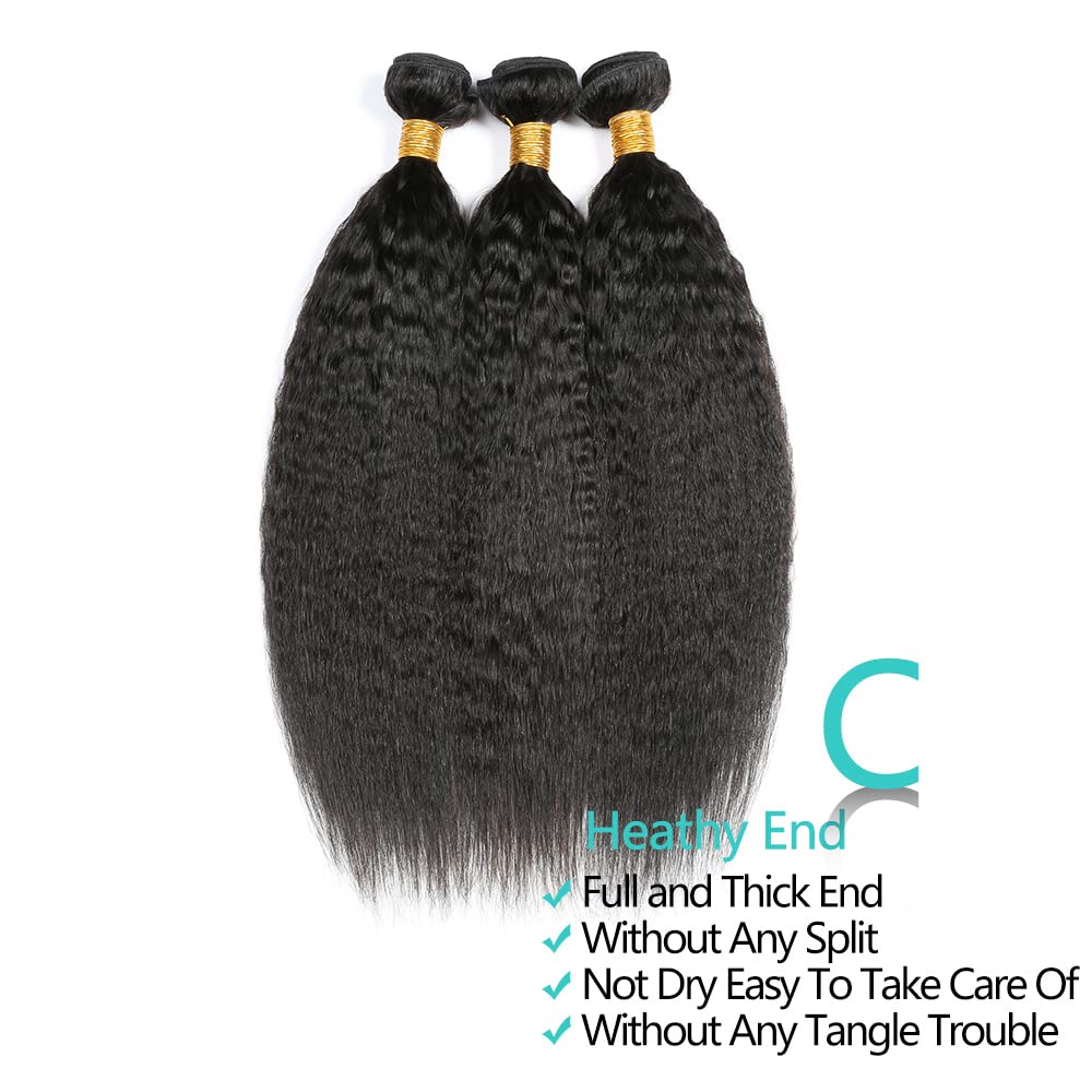 20 22 24 Kinky Straight Human Hair Bundles Yaki Straight Human Hair Extensions 100% Unprocessed Brazilian Virgin Remy Hair Kinky Straight Human Hair For Black Women Natural Black