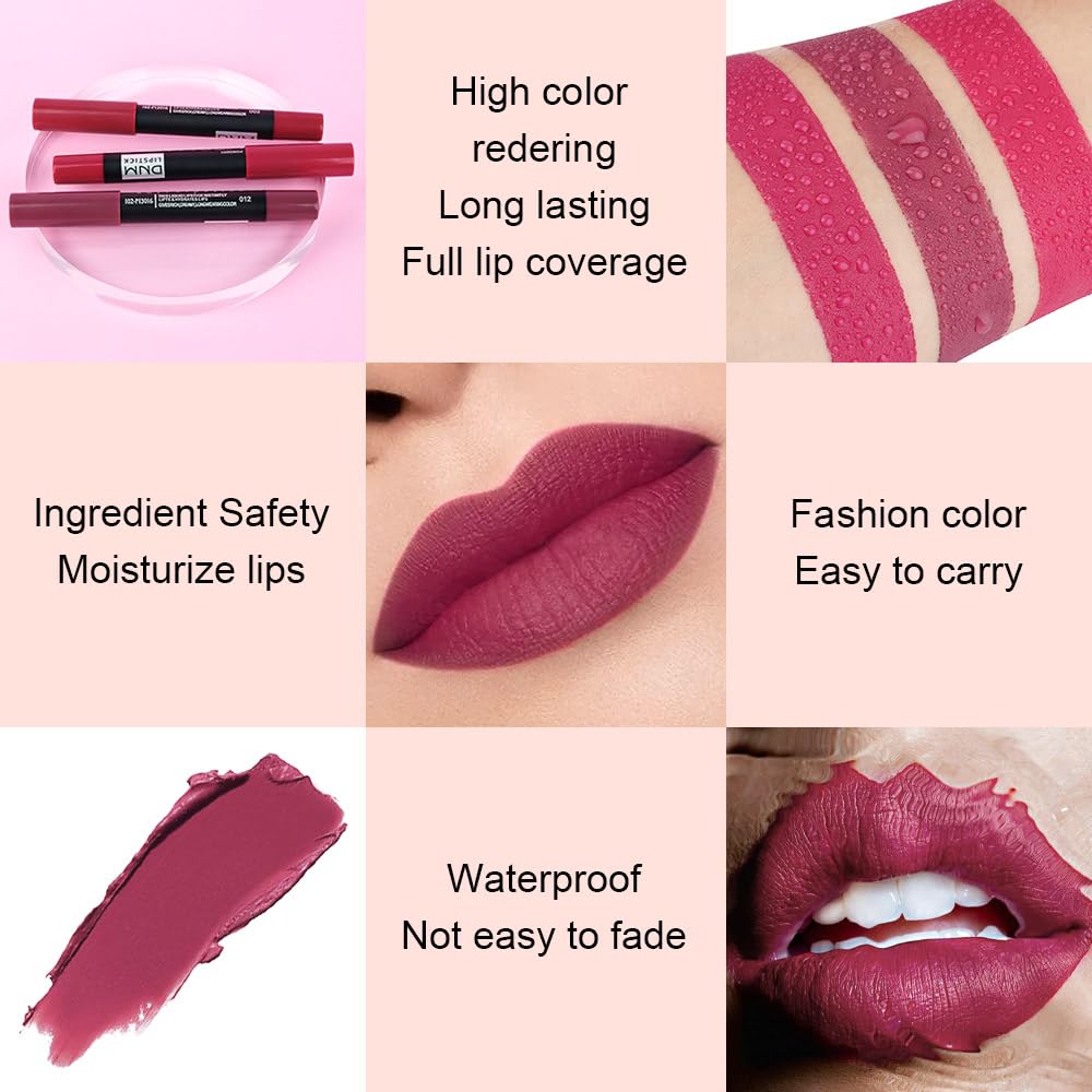 evpct DNM 1Pcs Wine Red Matte Lipstick and Lip Crayon Liner Pencil Pen Set for Women Lip Stain Long Lasting Waterproof labiales mate magicos 24 horas originales pintalabios permanente 24 horas 12
