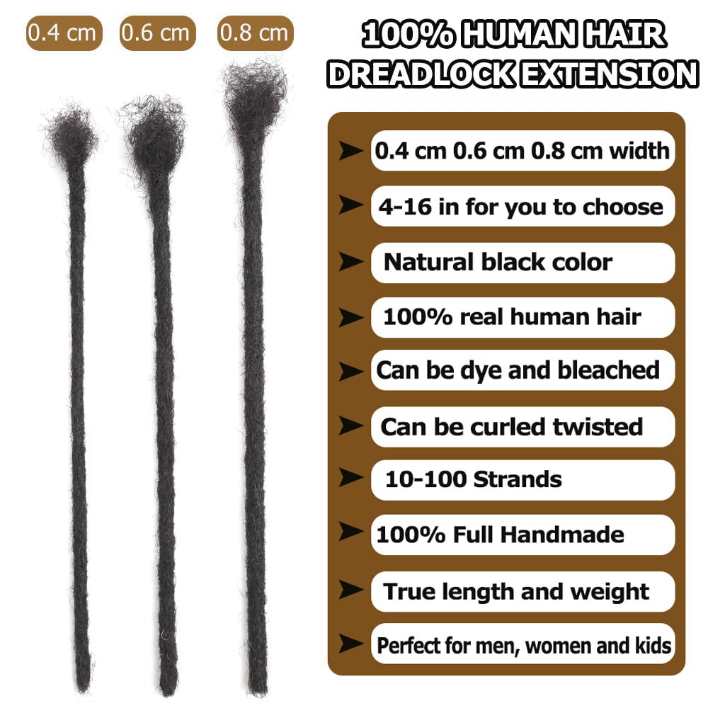 Dreadlock Extensions Human Hair 10-100 Strands 100% Full Handmade Permanent Loc Extension Human Hair for Women/Men/Kids Can Be Dyed Bleached Curled Twisted (0.4cm 1B, 4 inch 10 Strands)
