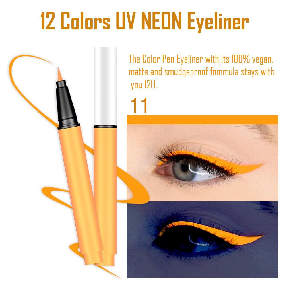 evpct Colorful UV Neon Liquid Eyeliner Pencil Pen, Rainbow Halloween Matte Colored Eyeliners Pencil Glow in Dark, Waterproof Long Lasting Highpigmented Delineador de ojos líquido de neón 11# orange