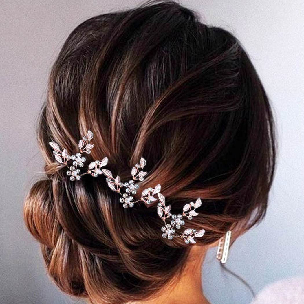Heread Leaf Bride Wedding Hair Pins Crystal Bridal Head Dress Pearl Hair Accessories for Women and Girls (Pack of 3) (A Rose Gold)