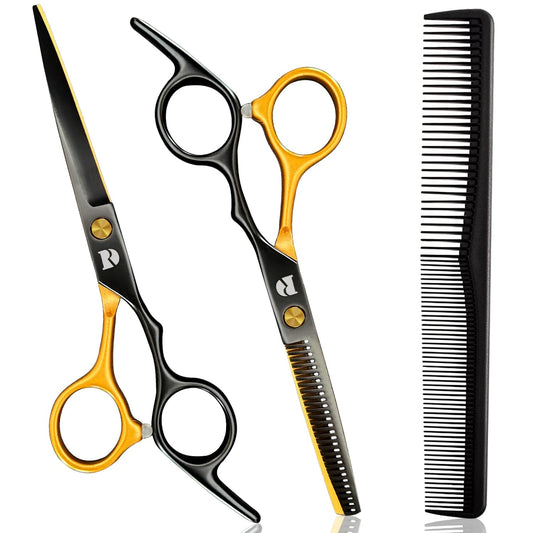Professional Hair Cutting Shears Set,6 Inch Barber hair Cutting Scissors Thinning Shears Sharp Blades Hairdresser Haircut For Women/Men/kids 440c Stainless Steel (gold)