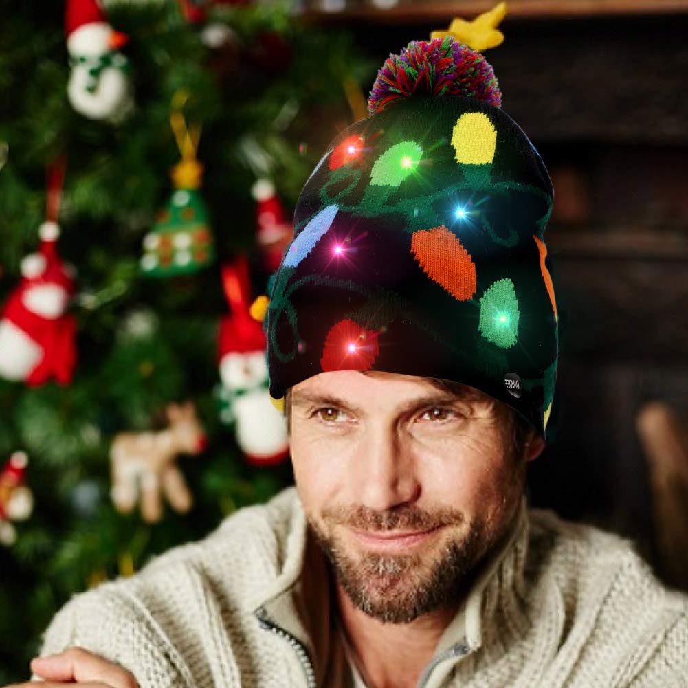 OurWarm LED Christmas Beanie Light up Christmas Hats, Knit Hats with 6 Colorful LED Lights, Unisex Winter Snow Hat Sweater Ugly Holiday Hat Party Beanie Cap Black