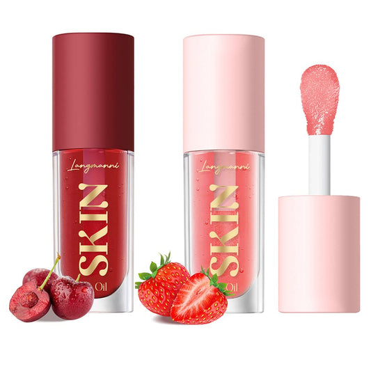 2Pack Big Brush Head Hydrating Lip Glow Oil Plumping Lip Tint, Hydrating Lip Gloss Tinted Lip Balm Transparent Lip Care, Long Lasting Nourishing Non-sticky Fresh Texture (Strawberry + Cherry)