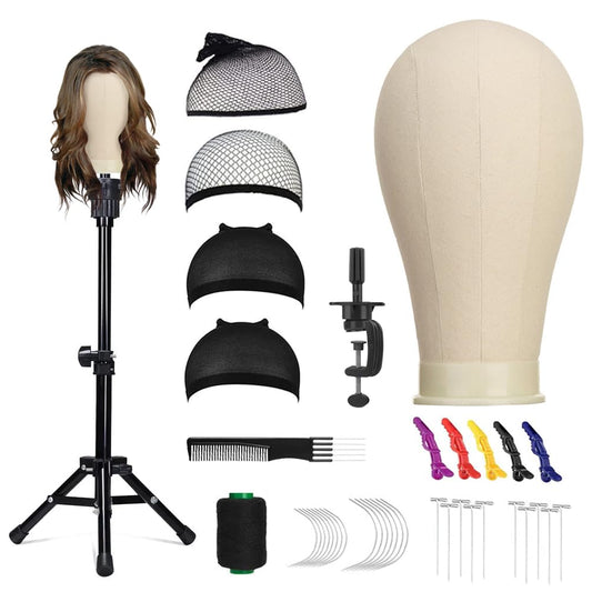 22 Inch Wig Head (White), Wig Stand Tripod with Heads, Canvas Block Head Mannequin Head Stand Wigs Display Styling Head With Mount Hole, Manikin Canvas Head Block Set for Wigs Making Display with Wig Caps, T Pins C Pins Set Bristle Brush