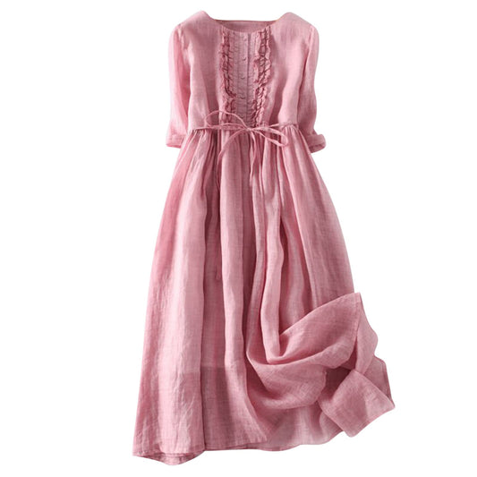 ABOUTYES Gift for Mom, Women's Korean Style Dress Summer 2024 Causal Cotton Linen Lace-Up Tshirt Dress Flowy Short Sleeve A-Line Sundress