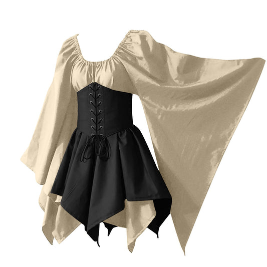 KEGIRLOM Today On Clearance Women's Medieval Renaissance Dress Costume Flare Sleeve Corset Skirt Overskirt Elven Archer Irish Over Gown 2pcs Set,Renaissance Corset Dress