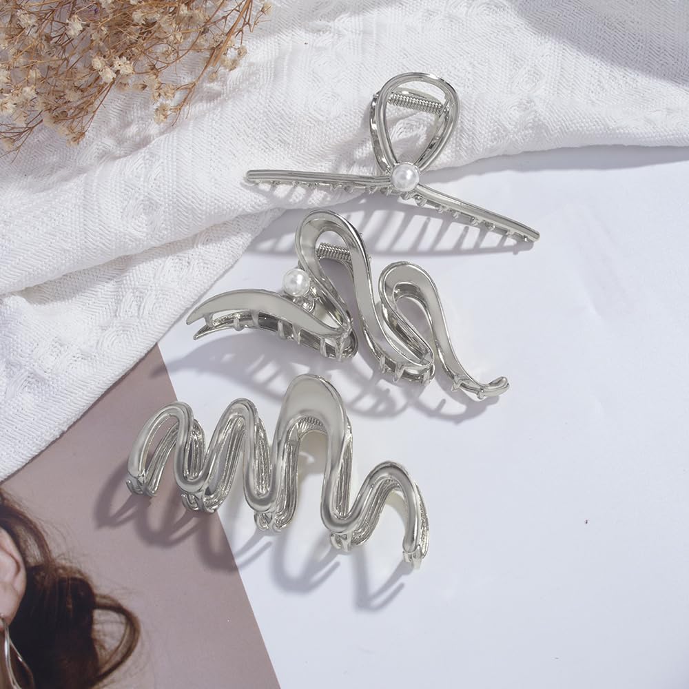 3 Pack Hair Claw Clips for Thick Long Hair, Silver Metal Wave Cross with Peal Big Jaw Clamps Hair Accessories for Women, Fashion Elegant Aesthetics Variety Hairgrip Styling Tools