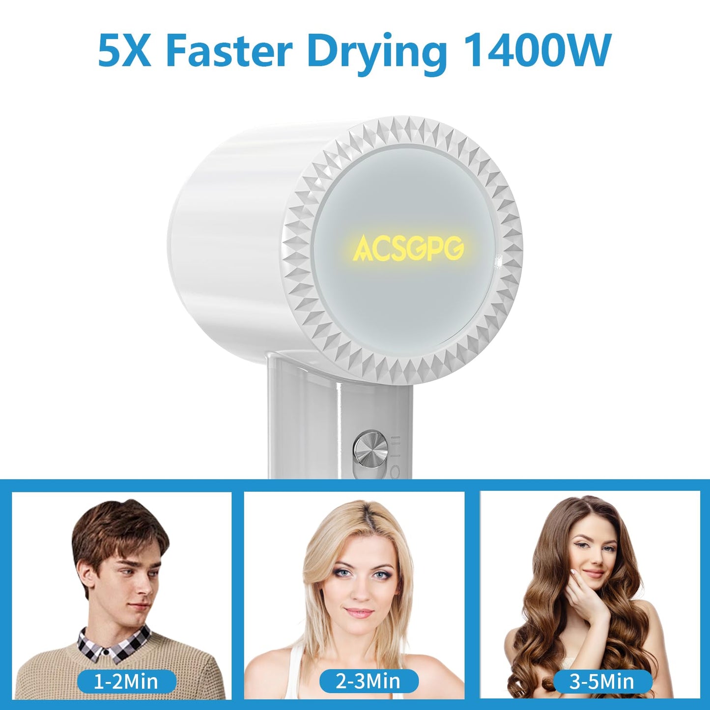 ACSGPG Hair Dryer - 110000 RPM High-Speed Brushless Negative Ionic Hair Blow Dryer - Fast Drying, Low Noise, Lightweight & Thermo Control - Hairdryer with 360° Magnetic Nozzle for Home, Travel(White)