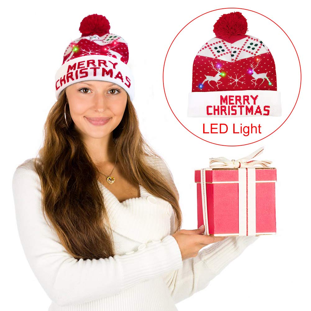 OurWarm LED Christmas Hat, Light Up Christmas Hat Unisex Blue Knitted Beanie Holiday Hat with Snowman Printing for Party