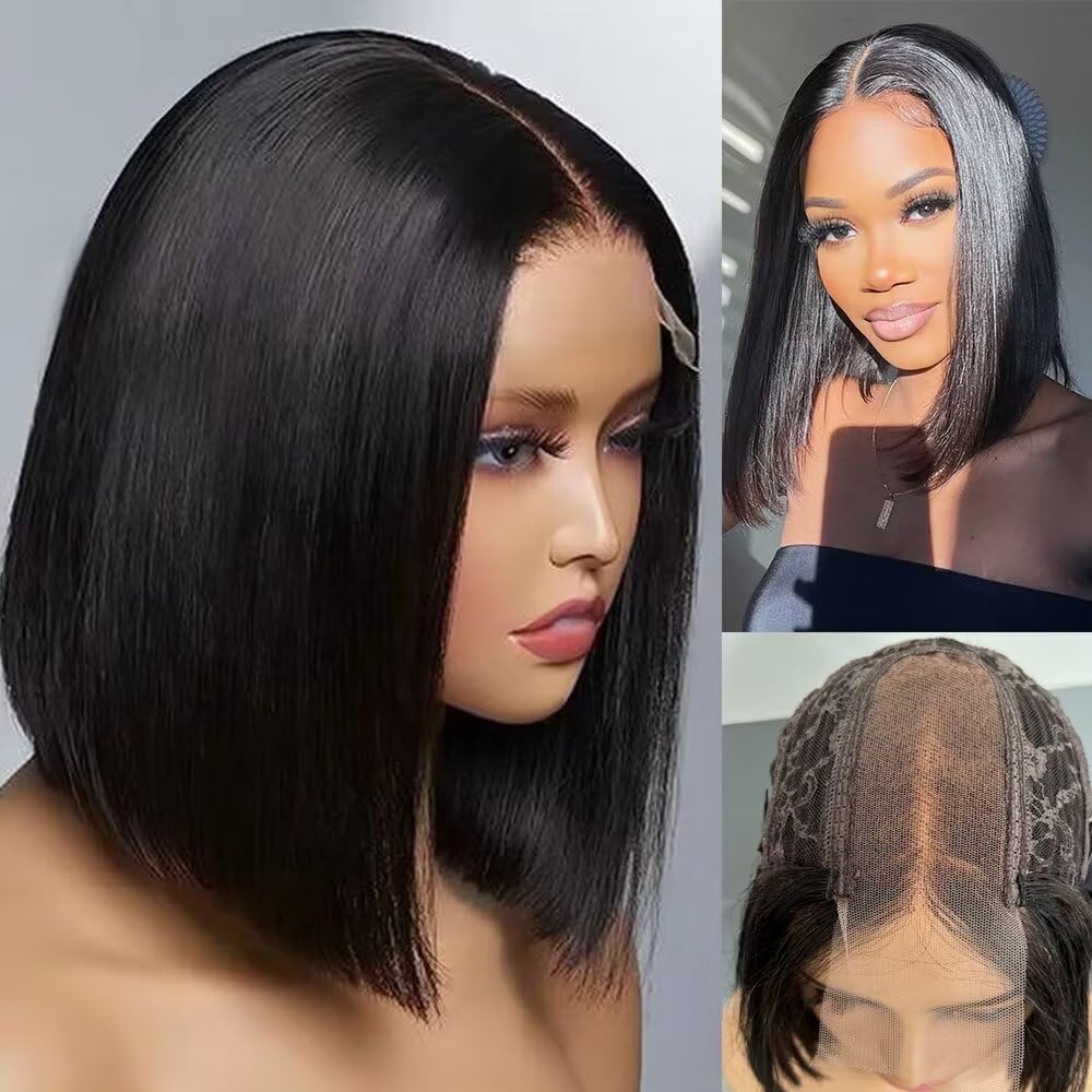2X6 Deep Parting SKINLIKE Real HD Human Hair Short Bob Wigs Pre Plukced 0.10mm Ultra-thin Invisible Swiss HD Lace Closure Single Knot Undetectable Melted Lace Closure Wigs 180% Density 12Inch