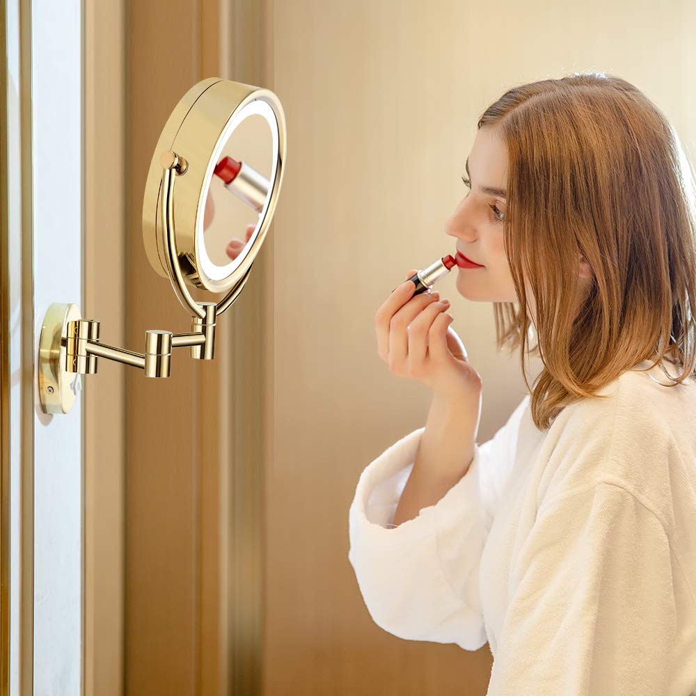 GURUN 8.5 Inch Magnifying Makeup Mirror with 3 Tones LED Lights Double Sided Vanity Mirror for Bathroom with 10X Magnification M1809DJ (Gold 10X)