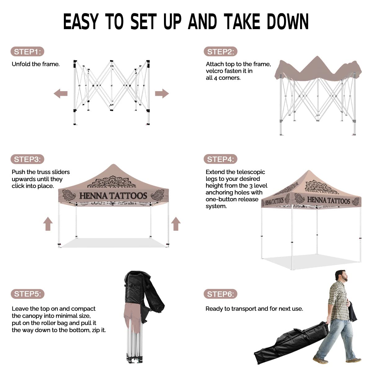 10x10 Henna Tattoo Themed Pop Up Canopy Tent, Dye-Sub Printed Artists Tent for Natural Henna Body Art and Face Painting Heavy Duty with Roller Bag, Back Wall, Sidewalls and Rails