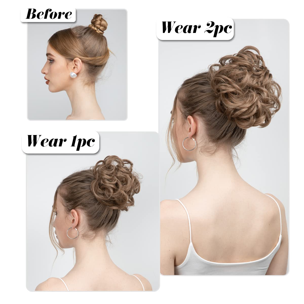 SARLA 2PCS Messy Hair Bun Hair Pieces Wavy Curly Synthetic Updo Fake Scrunchies Ponytail Extension for Women Light Auburn