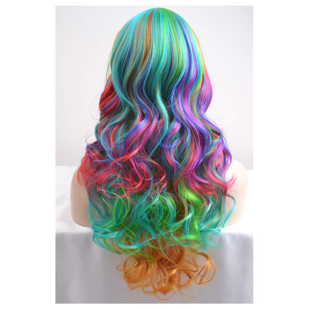 BERON Rainbow Wig Long Wavy Wig Colorful Wig with Bangs for Women Rainbow Wig Long Curly Wig Rainbow Wig Synthetic Wig with Wig Cap