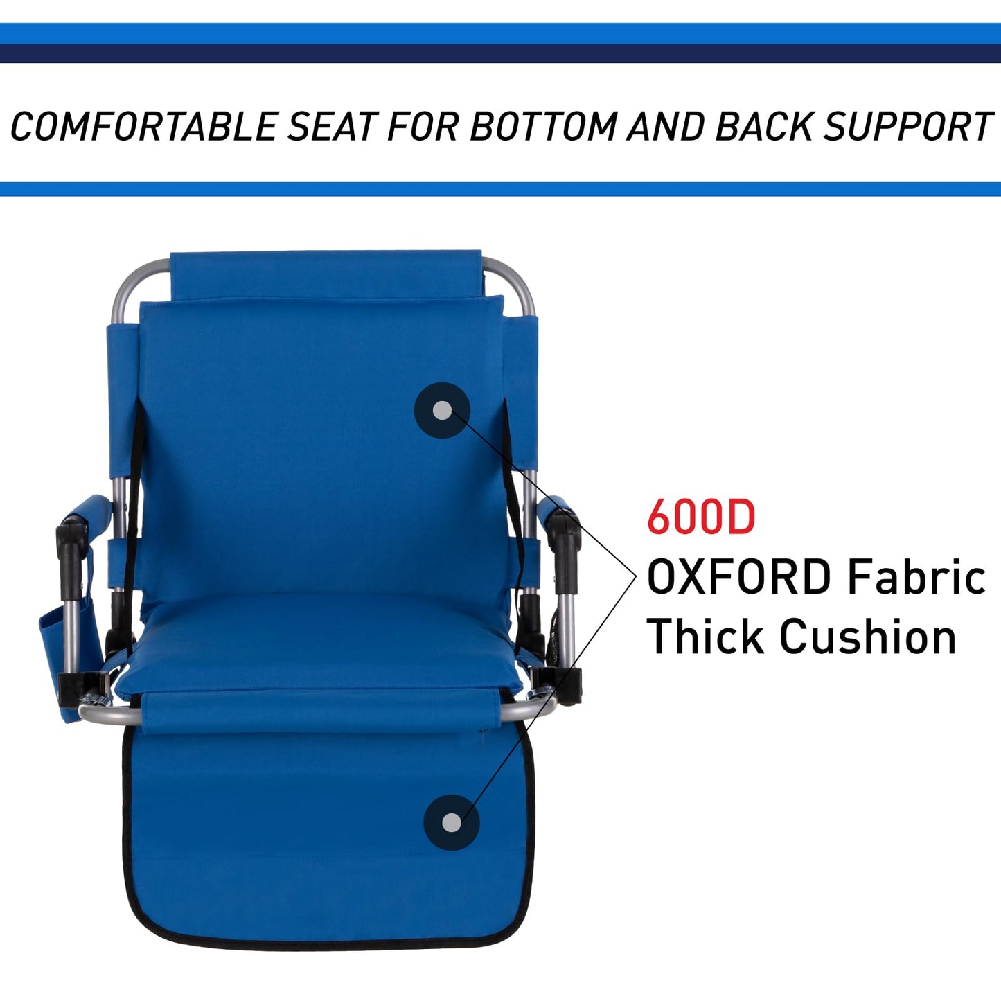 GREEN PARTY Stadium Seats for Bleachers 2 Pack Portable Outdoor Floor Folding Stadium Chair with Armrest, Back Support, Cup Holder, Mesh Bag and Hide Hooks, Blue