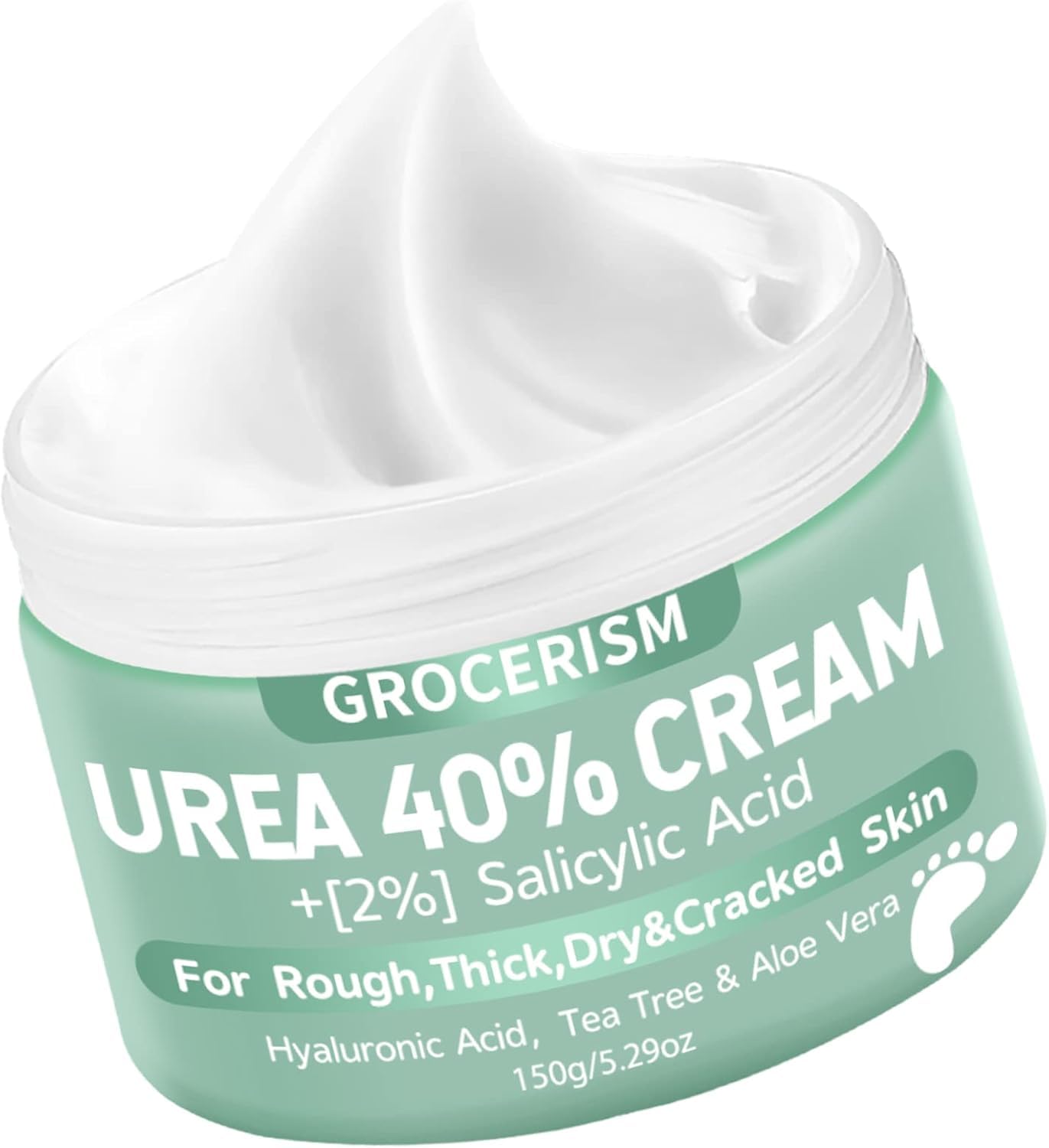 Grocerism Urea Cream 40 Percent For Feet Plus 2% Salicylic Acid 5.29 oz || Foot Cream and Hand Cream Maximum Strength with Hyaluronic Acid,Tea Tree,and Aloe Vera For Deep Moisturizes,Callus Remover