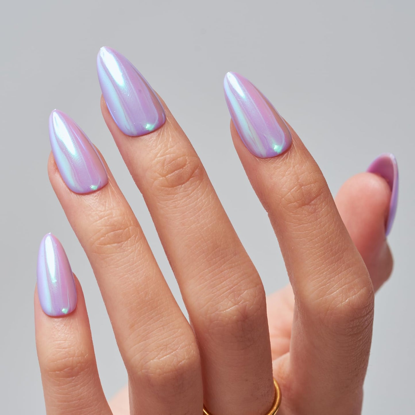 GLAMERMAID Metal Purple Press on Nails Medium Almond, Pure Chrome Glazed Mirror Jelly Soft Gel Fake Nails Stiletto, Glossy Glue on Nails Short Oval, Reusable Acrylic Stick on False Nails Kit for Women