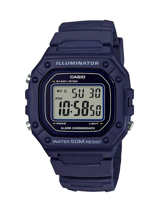 Casio W218H Series | Men’s Digital Watch | Blue/Blue | 50M WR | 1/100 Second Stopwatch | 100 SEC Chronograph | LED Backlight | Countdown Timer | Daily Alarm | Hourly Time Signal | 7 Year Battery