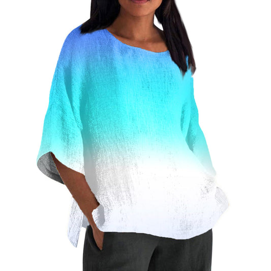 3/4 Sleeve T Shirts for Women Crew Neck Plus Size Linen Tops Split Hem Loose Fit Dressy Blouses 3/4 Length Sleeve Womens Tops Summer Tops for Women 2024 Trendy, Blue, X-Large