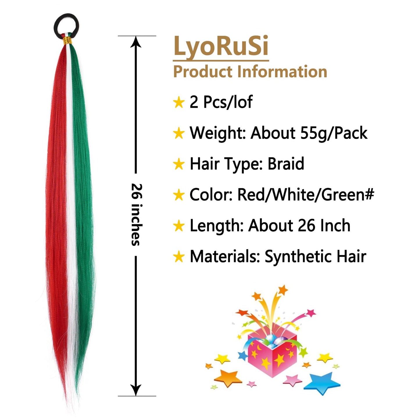2 Pack Braid Ponytail Extension, Full of Christmas Color Ponytail Extension, with Elastic Tie Straight Tube Sleek Wrap Extension Hair Ponytail Extension 26 Inch (Green/White/Red#)