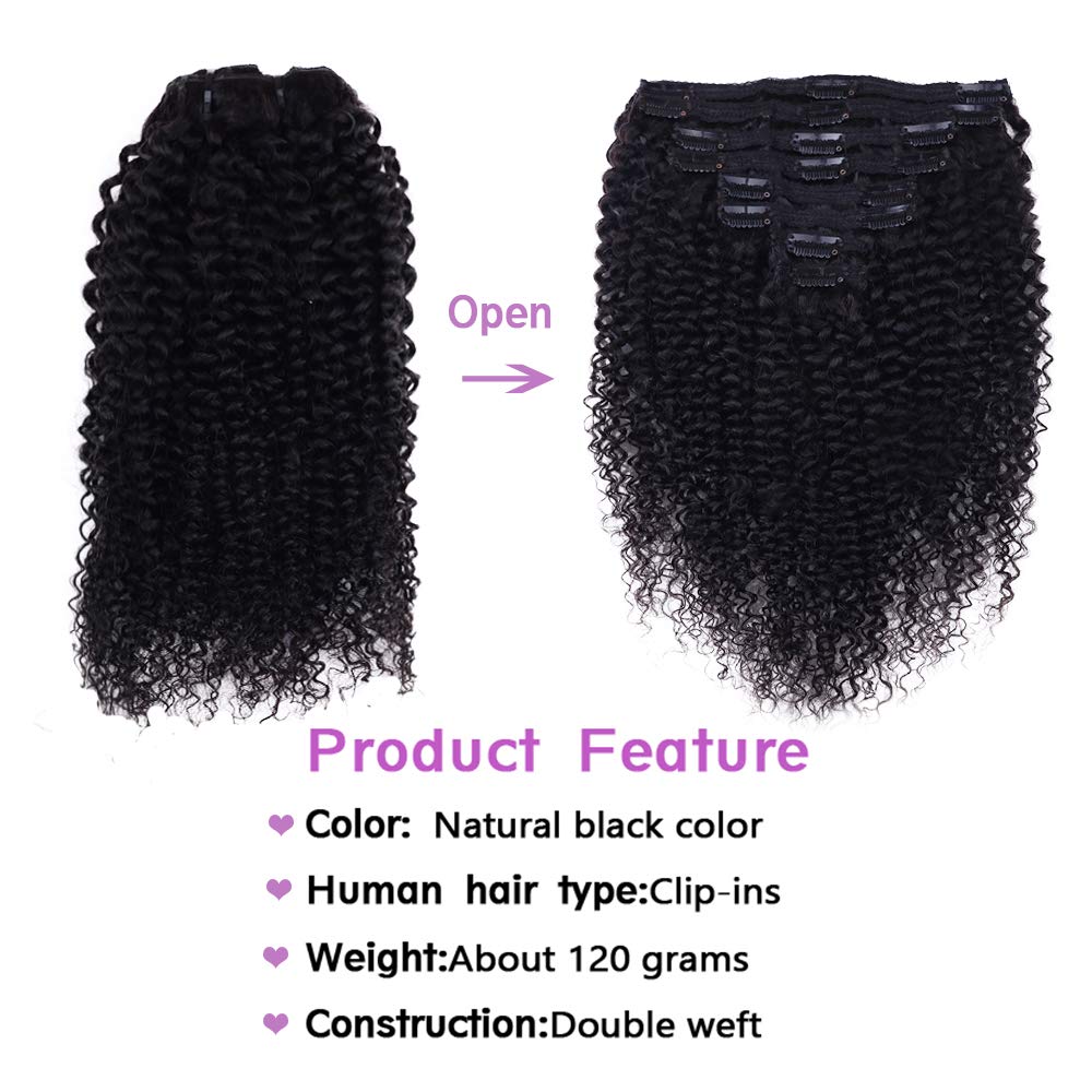 Curly Clip In Extension Human Hair 3C 4A Kinky Curly Clip Ins Full Head for Black Women Brazilian Remy Human Hair Natural Color 8Pcs with18clips 120g/Set(22 inch, curly wave)