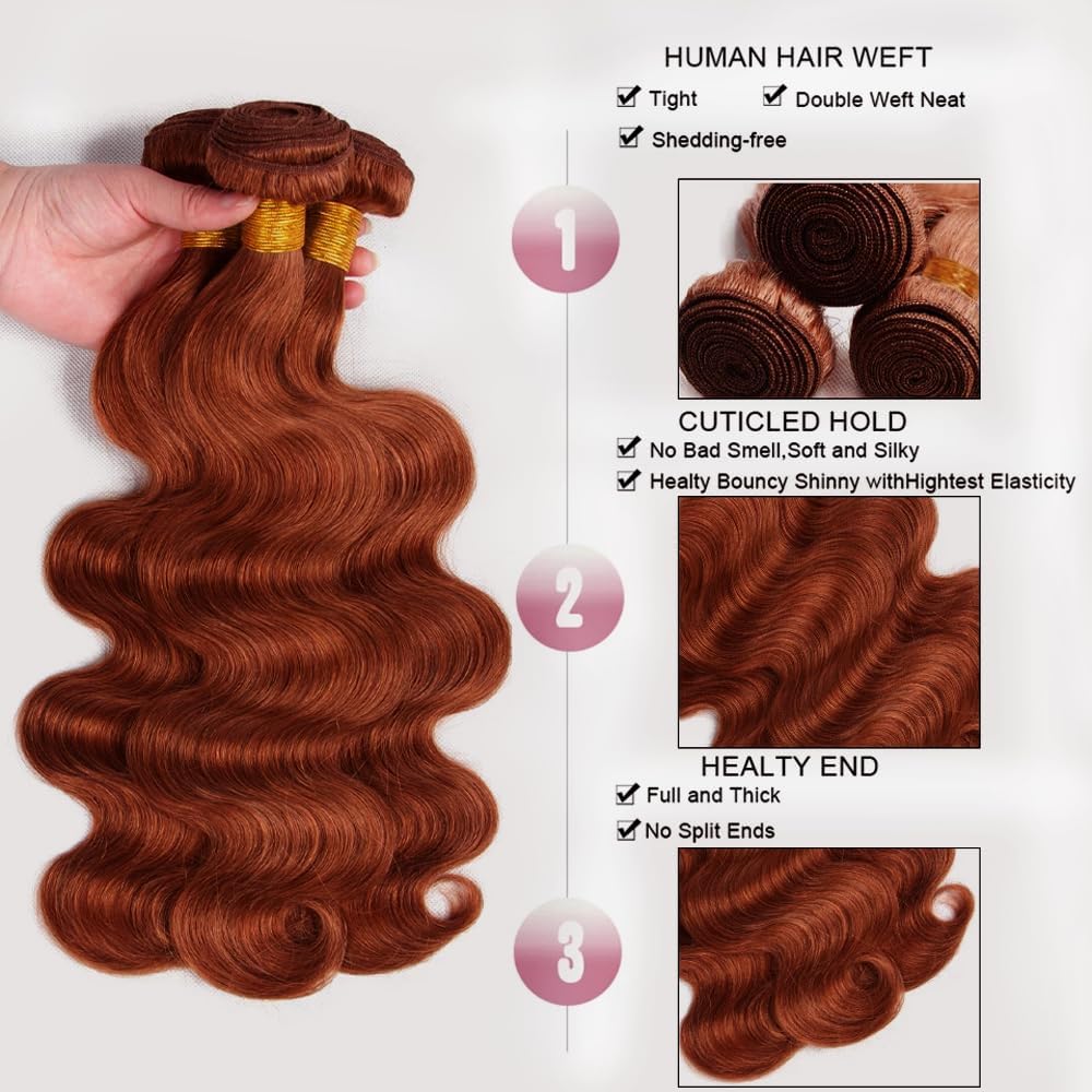 32 32 32 Inch AuokMar Hair Brown Body Wave Bundles Human Hair Color #33 Human Hair Bundles Peruvian Virgin Remy Hair 3 Bundles Reddish Brown Body Wave Bundles Hair Extensions