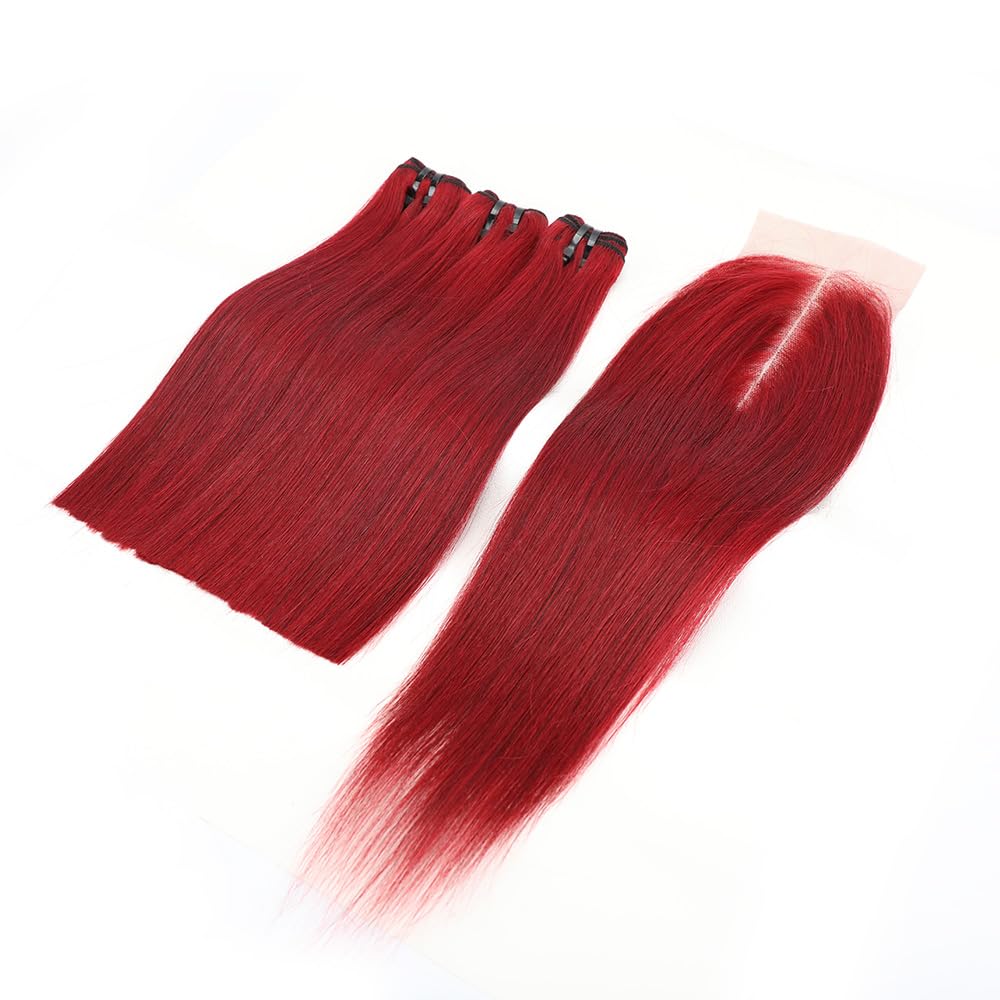 99j Bone Straight Vietnam Virgin Human Hair 3 Bundles with Kim K 2 * 6 Closure, Best Raw Hair 15A Hair Extension Burgundy, 100% Unprocessed Premium Raw Hair for Black Women (8''8''8'' + 8'')