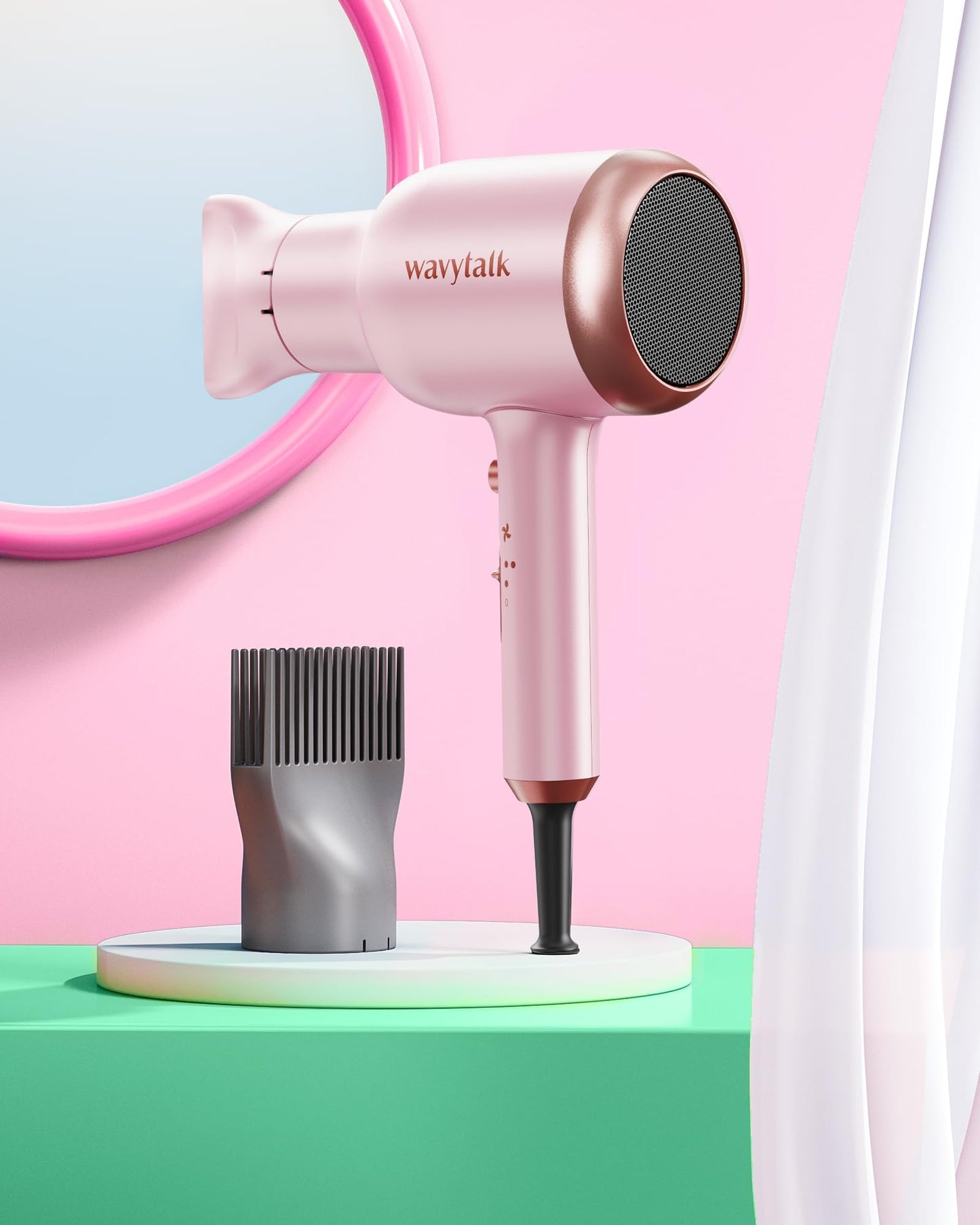 Wavytalk Hair Dryer with Diffuser, Blown Away Ionic Blow Dryer for Curly Hair with Comb, 1875W Fast Drying Hair Dryer with Ceramic Technology, 3 Attachments for All Hair Types, Light and Quiet, Pink