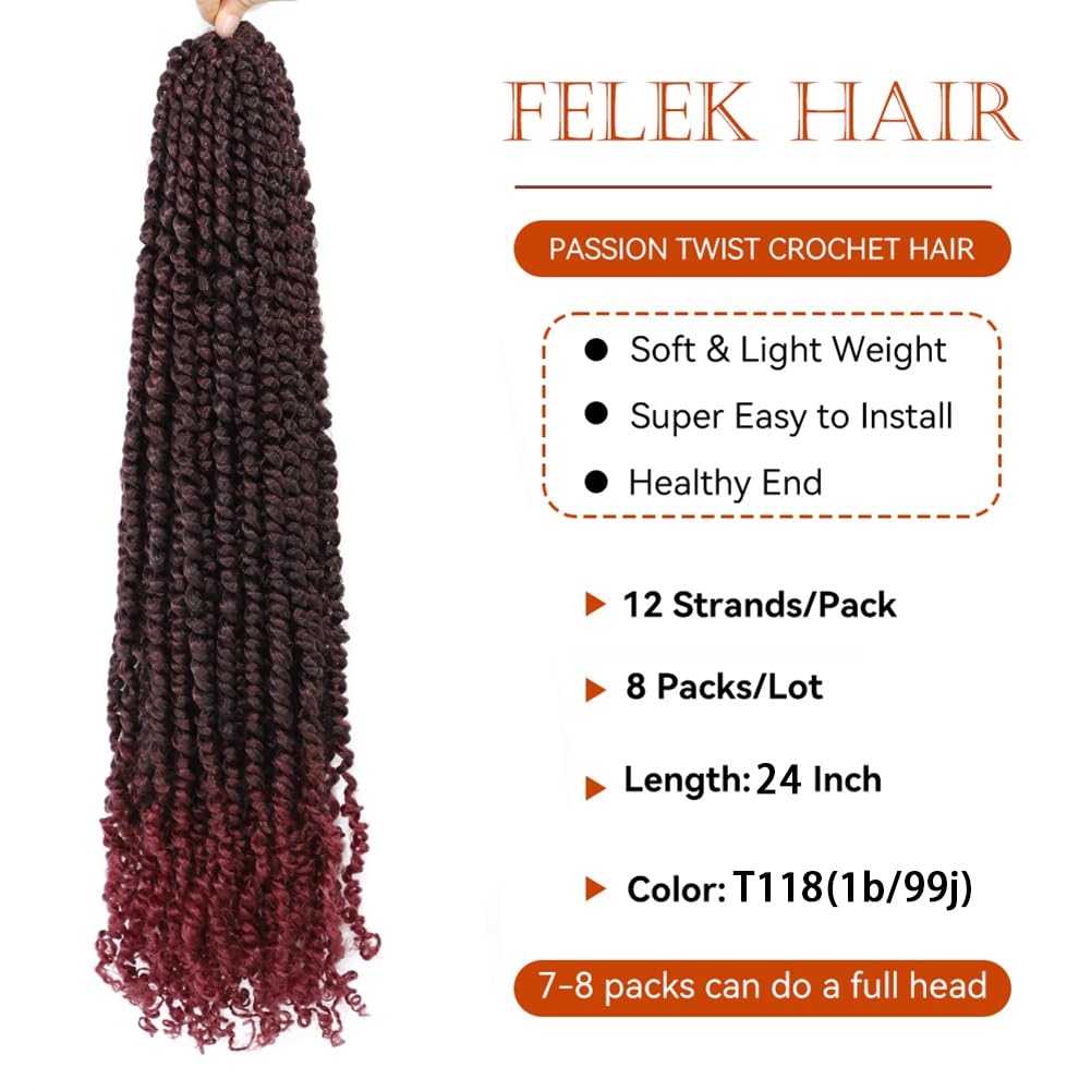 Felek Passion Twist Crochet Hair 24inch 8 Packs Pre Looped Twist Crochet Hair For Black Women Natural Soft Ombre Burgundy Pre Twisted Passion Twist Crochet Hair (T-99j(118), 24inch)