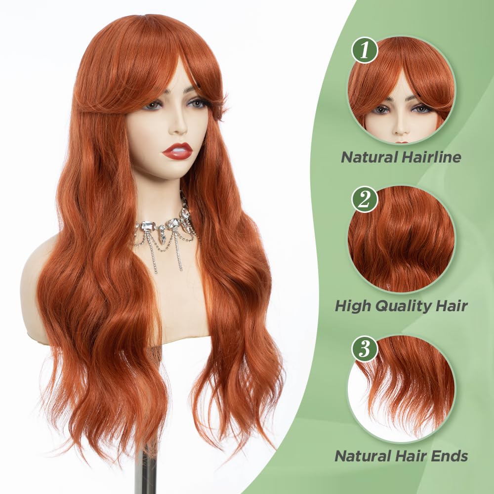 REBECCA STYLE Long Orange Wig with Bangs 24 Inch Long Wavy Wigs with Bangs for Women Synthetic Curly Wigs Hair Replacement Wigs for Girls Daily Party Use Natural Looking (Dark Orange)