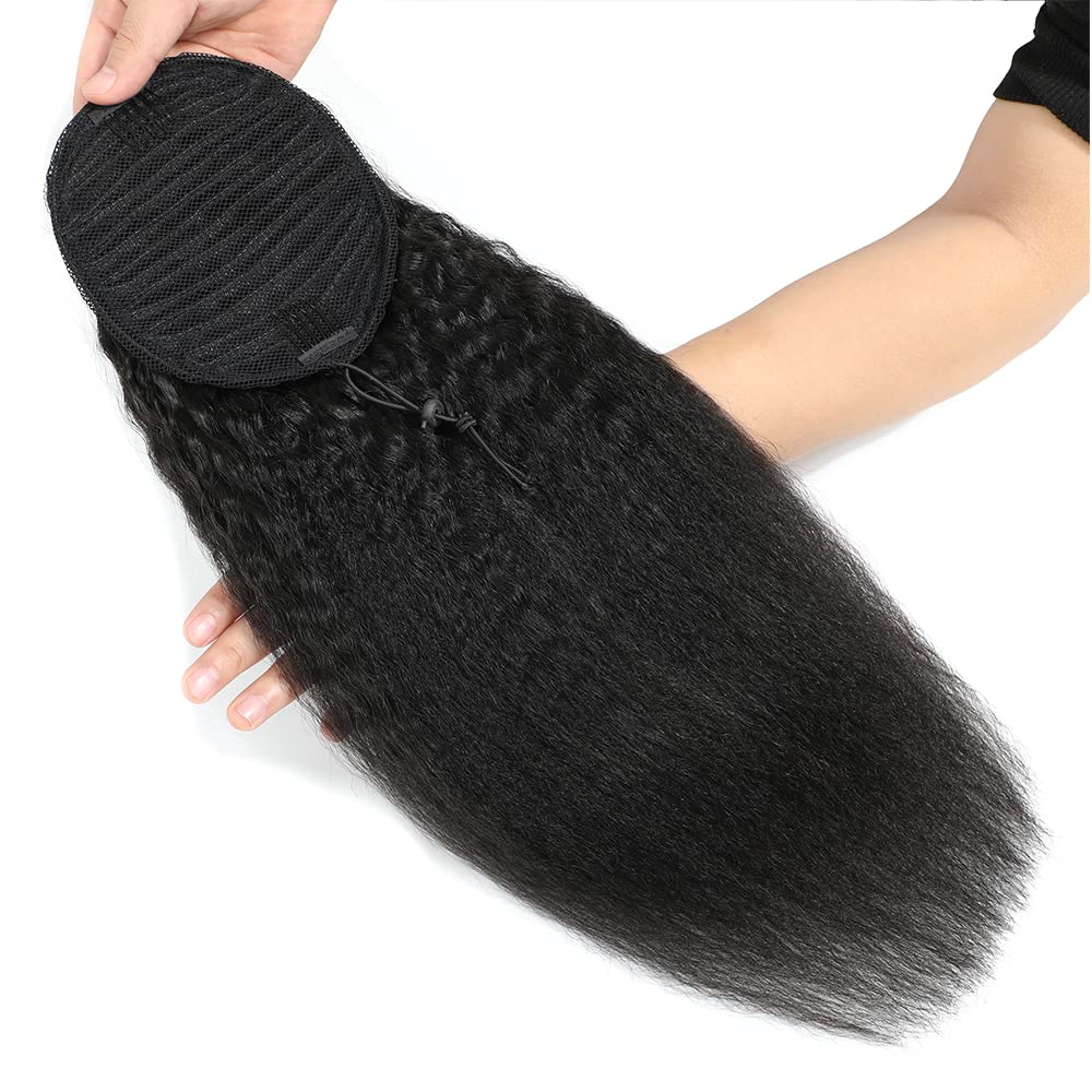 Adette 12 Inch Kinky Straight Human Hair Ponytail Glueless Drawstring Ponytails Extension Yaki Straight Clip in Hair Extensions for Black Women Natural Black Remy Hair