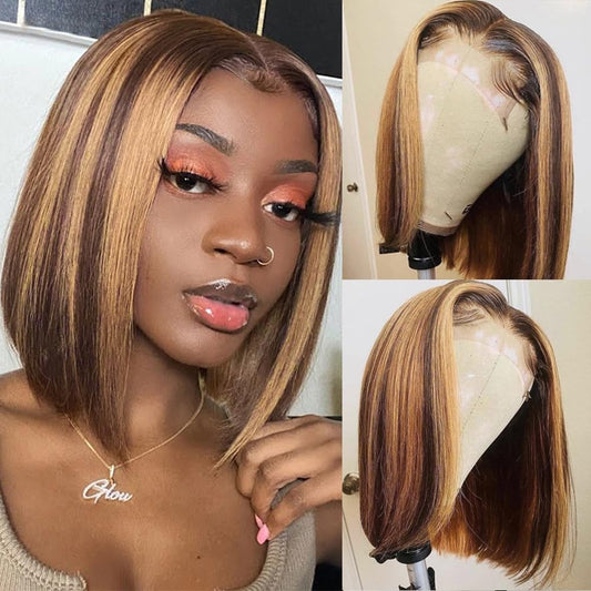 # 4/27 Ombre Honey Blonde Bob wig Highlight Lace Front Human Hair 13x4 HD Lace Front Bob Wigs Human Hair Straight Frontal Bob Wigs Glueless Wigs Human Hair Pre Plucked 180% Density Wigs 16 Inch