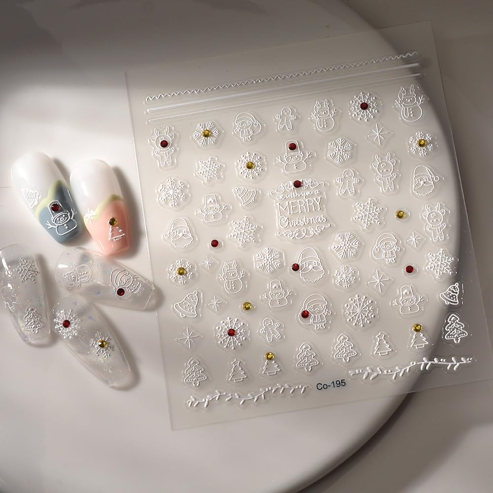 5D Embossed Christmas Nail Art Stickers Snowflake Nail Stickers Snowman Christmas Tree Nail Decals for Women Girls Winter Xmas Holiday Manicure DIY Supplies