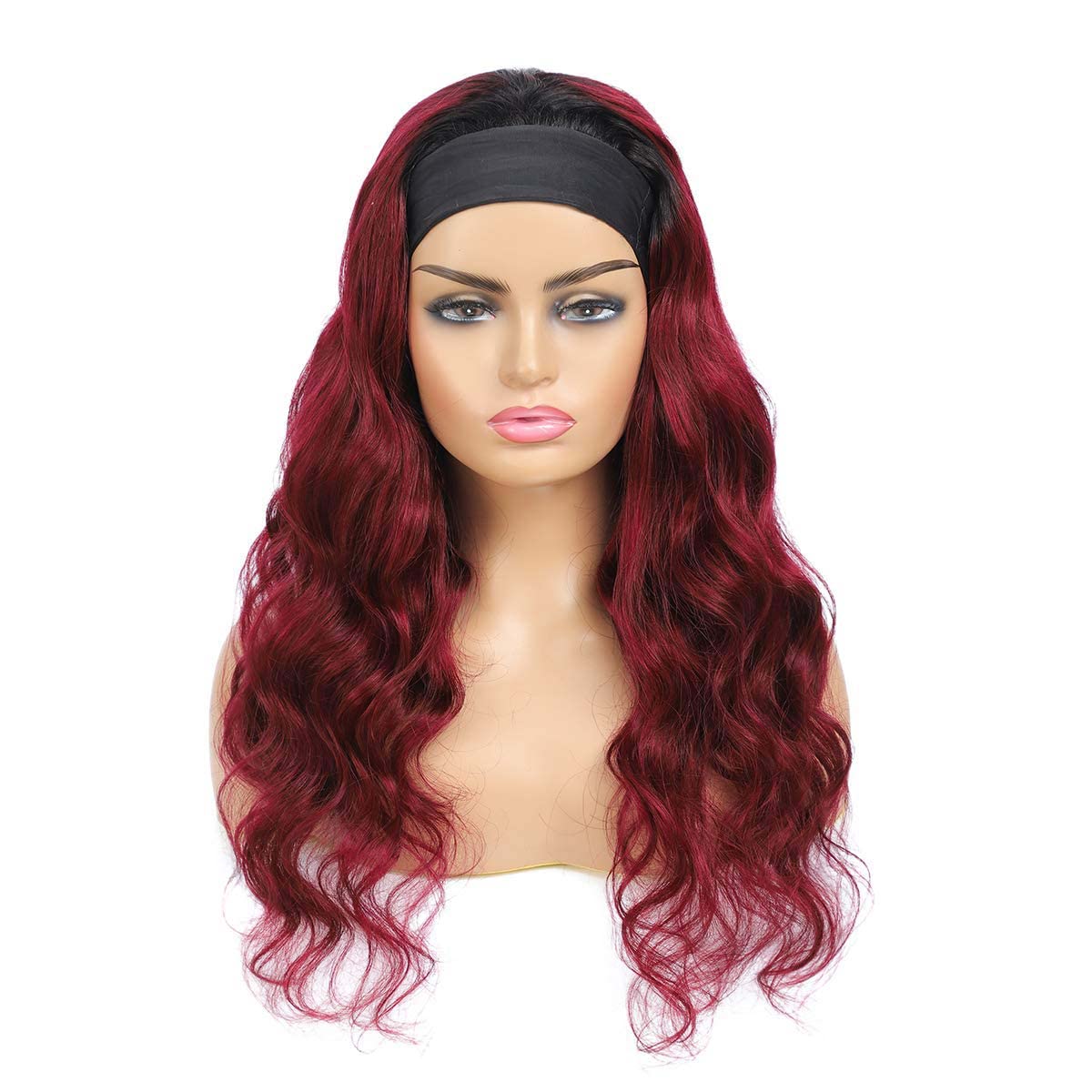 Adette 10A Grade Unprocessed Human Hair Headband Wigs Body Wavy Ombre Dark Red 22 Inch Glueless Wigs for Black Women 180% Density Easy to Wear