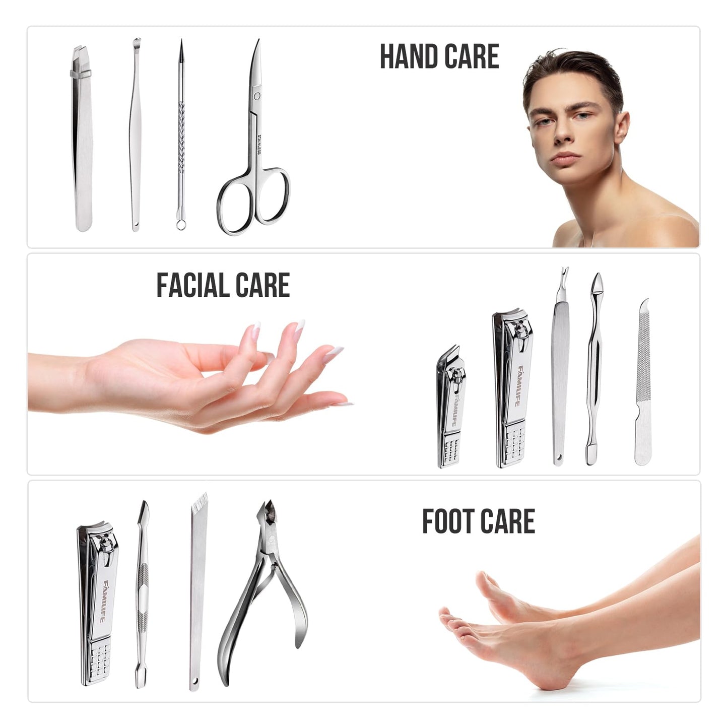 FAMILIFE Manicure Set, Nail Professional Kit Manicure Kits Nail Clipper Sets, 13PCS Stainless Steel Pedicure Sets Mens Grooming Tool, with Brown Leather Travel Case for Men