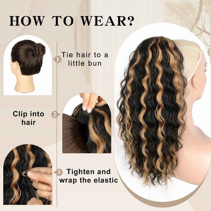 SHNMIN Ponytail Extension, Curly Drawstring Ponytail Extension for Women 18 Inch Curly Wavy Ponytail Yaki Textured Natural Fluffy Synthetic Hairpiece for Daily Use
