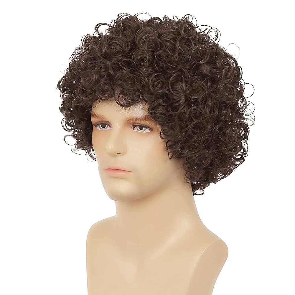 Dai Cloud Short Brown Curly Afro Wigs for Men Fluffy Rocker Synthetic Wigs for Cosplay Costume Wigs(Dark Brown)