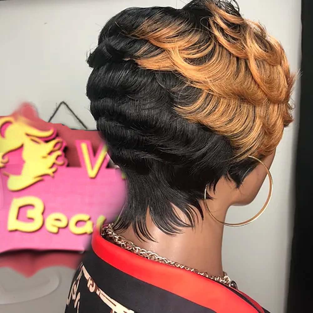 VRZ Short Curly Pixie Cut Wig Human Hair Short Wigs for Black Women pixie cut wigs human hair Short Human Hair Pixie Cut Glueless Wig Short Wigs Natural Curly with Brown R1B/30