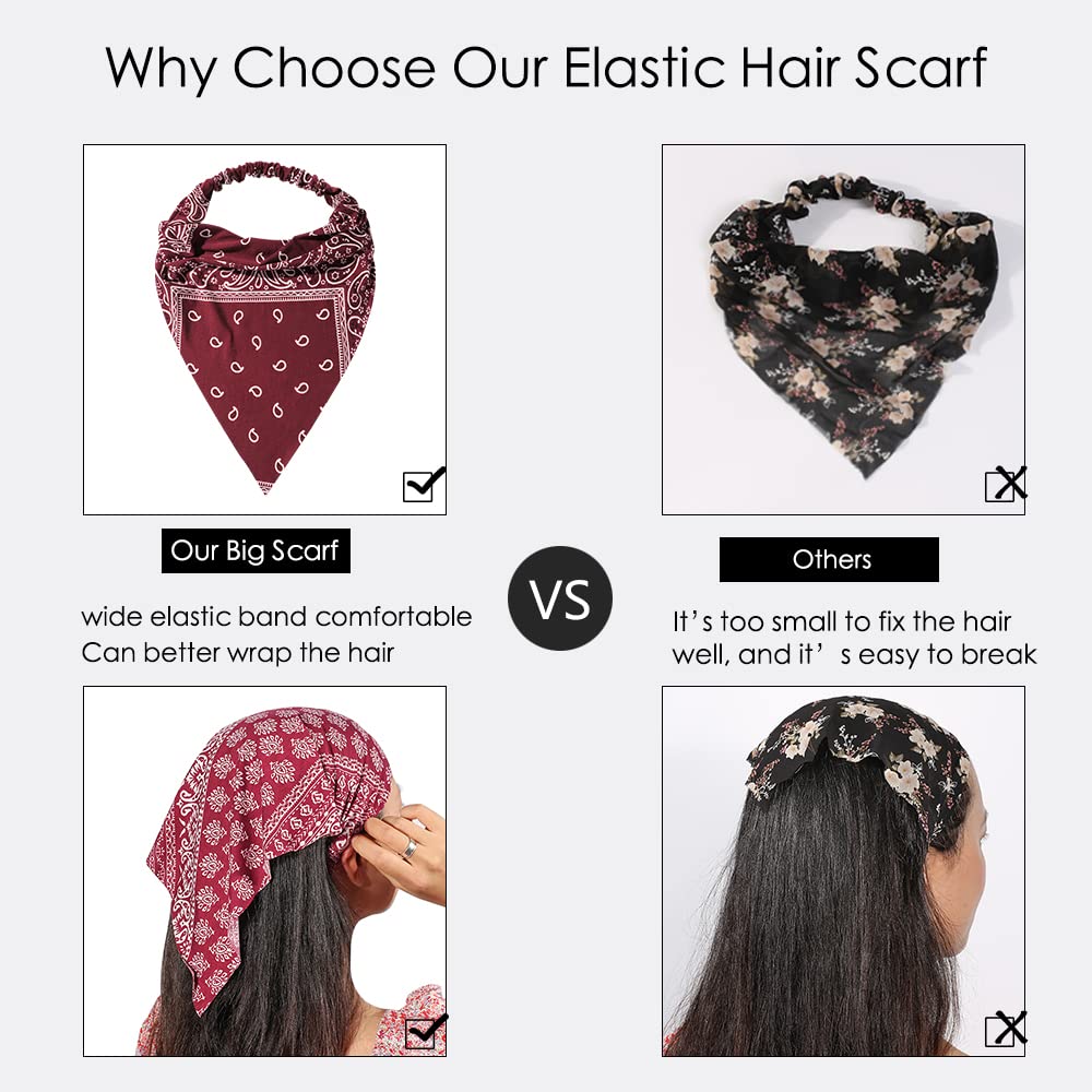 6 Pack Hair Scarf Headband for Women - Elastic Hair Kerchief Large Boho Triangle Bandana Head Scarf with Clips Non Slip Paisley Print Headbands Hair Scarves for Teen Girls