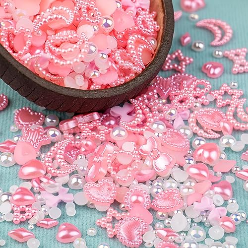 600Pcs 3D Multi Shapes Nail Charms and Flatback Pearls, Light Pink&White Mix Styles Heart Star Bow Sunflower Embellishments for Nail Art, Craft and Decoration with Tweezer and Pickup Pencil