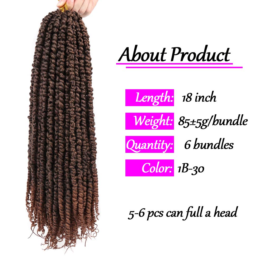 Pre-twisted Passion Twist Hair 18 Inch Pre Looped Passion Twist Crochet Hair for Women 6 Packs Afro Kinky Spring Twist Synthetic Crochet Braids Hair Extension (18Inch,T30)