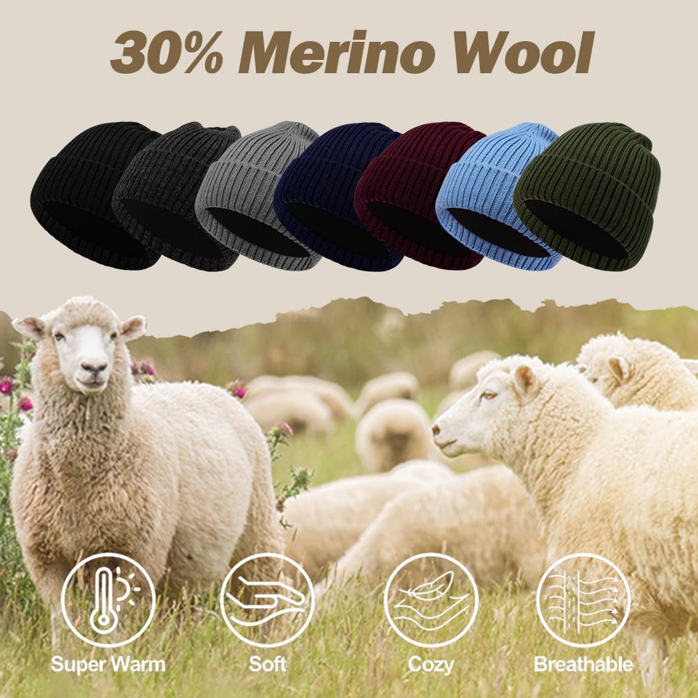 Oversize L/XL/XXL Beanie Hat for Big Heads - Unisex Merino Wool Cuff Beanie Winter Hat for Men and Women Slate Gray